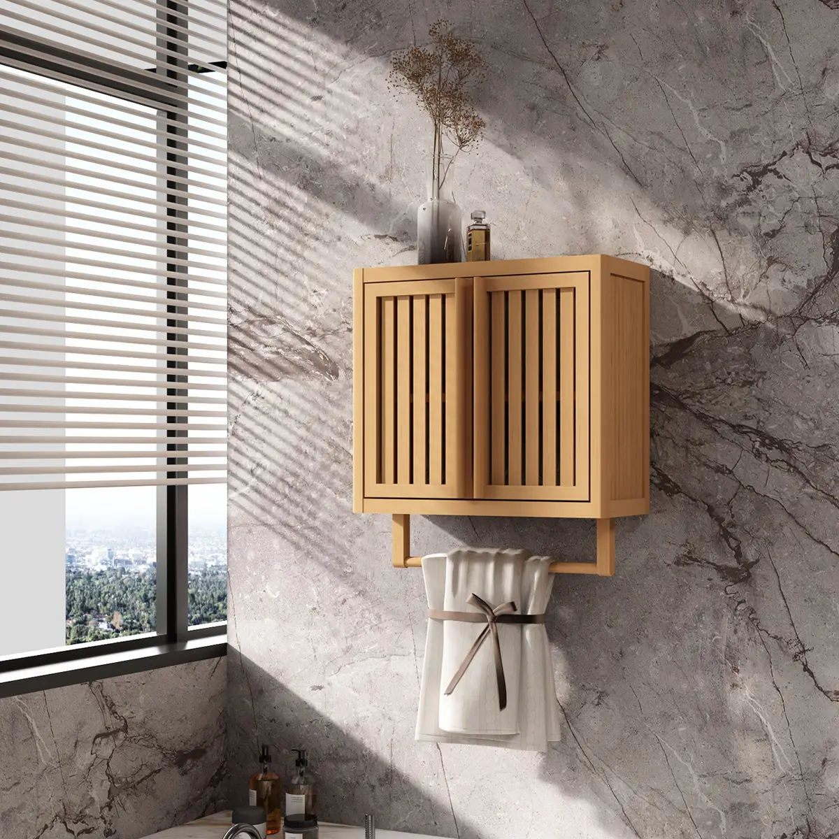 Sturdy Wall-Hanging Solid Bamboo Bathroom Cabinet - 19.7x8.5x21.7" Contemporary Minimalist Decluttering Storage, Environmentally Friendly Smooth Protective Finish, Suitable for Bedroom, Dining Room
