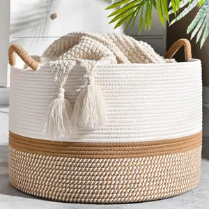 Large Cotton Rope Storage Basket with Handles, 20"x13" Woven Blanket Basket for Living Room & Laundry, Toy Storage Basket for Nursery, Pillows, Baby Toys, Grey/Brown