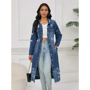 Women's plus size light blue ripped denim jacket - oversized trench coat