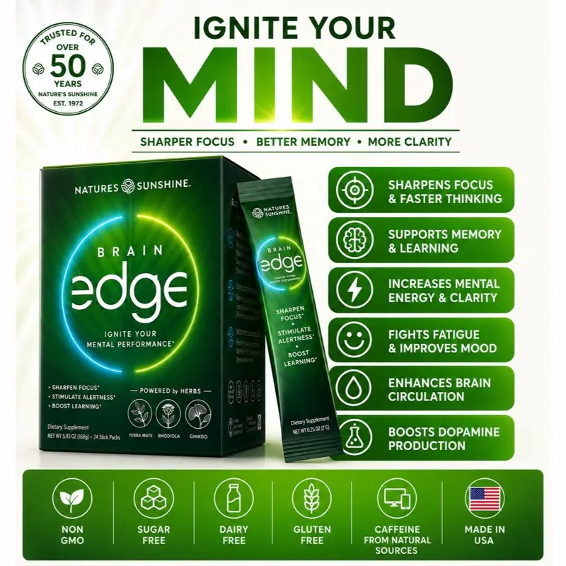 Nature's Sunshine Brain Edge Stick Packs - Ignite your Mental Performance-Yerba mate, Gingko. Energy Green Natural Beverage Nature's Sunshine Brain Edge Stick Packs - Ignite your Mental Performance-Yerba mate, Gingko. Energy Green Natural Beverage