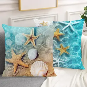 Set of 2 Beach Starfish Pillow Covers Sandy Seashell Aqua Ocean Print Decorative Throw Pillows Summer Coastal Cushion Cases for Living Room Bedroom Outdoor Patio