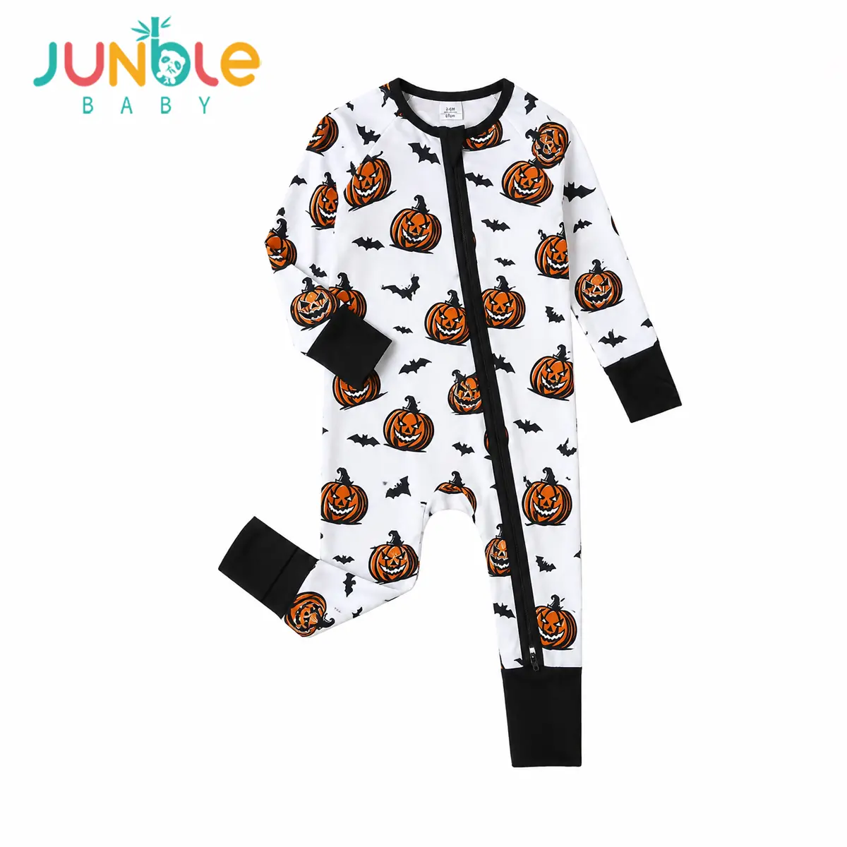 JUNBLEBABY Snug Fitting Unisex Baby Romper, Premium Soft Bamboo Halloween Jack-O'-Lantern & Bat Print Pajamas, Long Sleeve with Convertible Footies & 2-Way Zipper, Spooky Season Infant Sleepwear Outfit