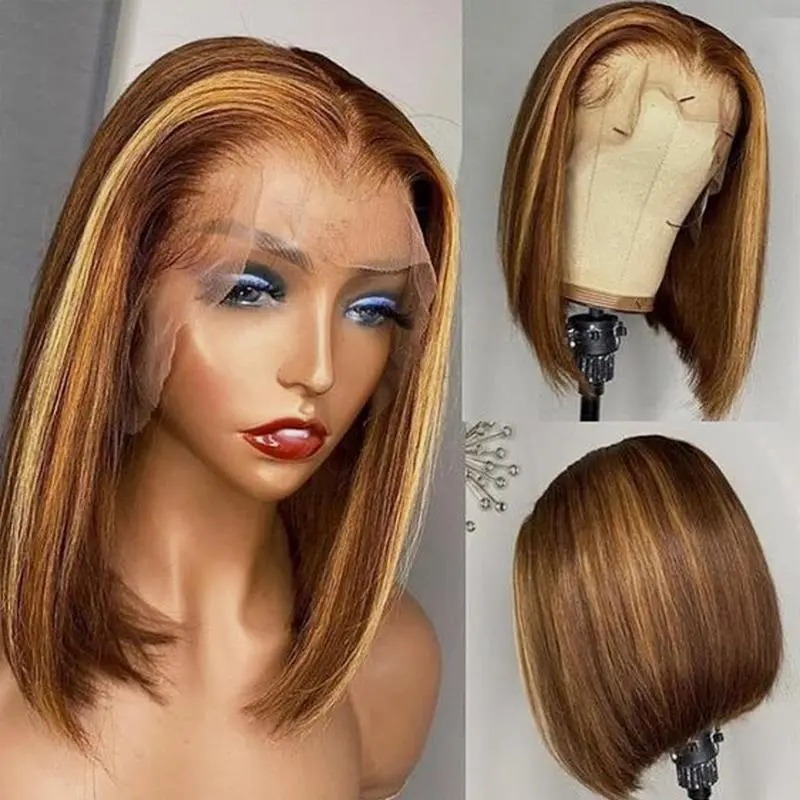 UNIUS Highlight Ombre Bob Human Hair Wig 13X4 HD Lace Frontal Wig Ombre Bob Lace Front Wigs Human Hair Pre Plucked with Baby Hair 4/27 Ombre Bob Wigs Human Hair 180% Density 12 Inch Does not apply