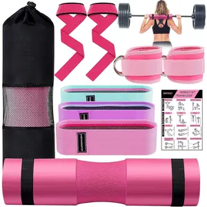 Barbell Pad Set for Squat,10 PCS Hip Thrusts Workout Foam Weight Lifting Bar Cushion with 2 Gym Ankle Straps,3 Hip Resistance Bands,2 Lifting Strap,Barbell Pad and Carry Bag