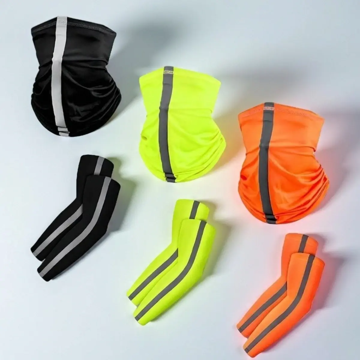 Unisex 9-Piece Ice Silk Face Mask & Arm Sleeves Set - All-Seasons Reflective Balaclava, Quick-Dry, Breathable, UV-Protective, High-Elastic Fit for Adult Bikers