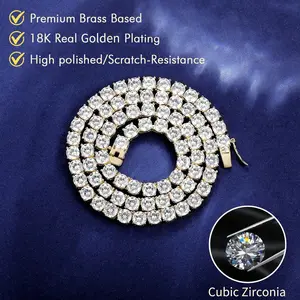 GEMSME 4MM Round Cut CZ Brass Tennis Necklace Round Cubic Classic Hiphop Style Trendy Elegant For Women For Men