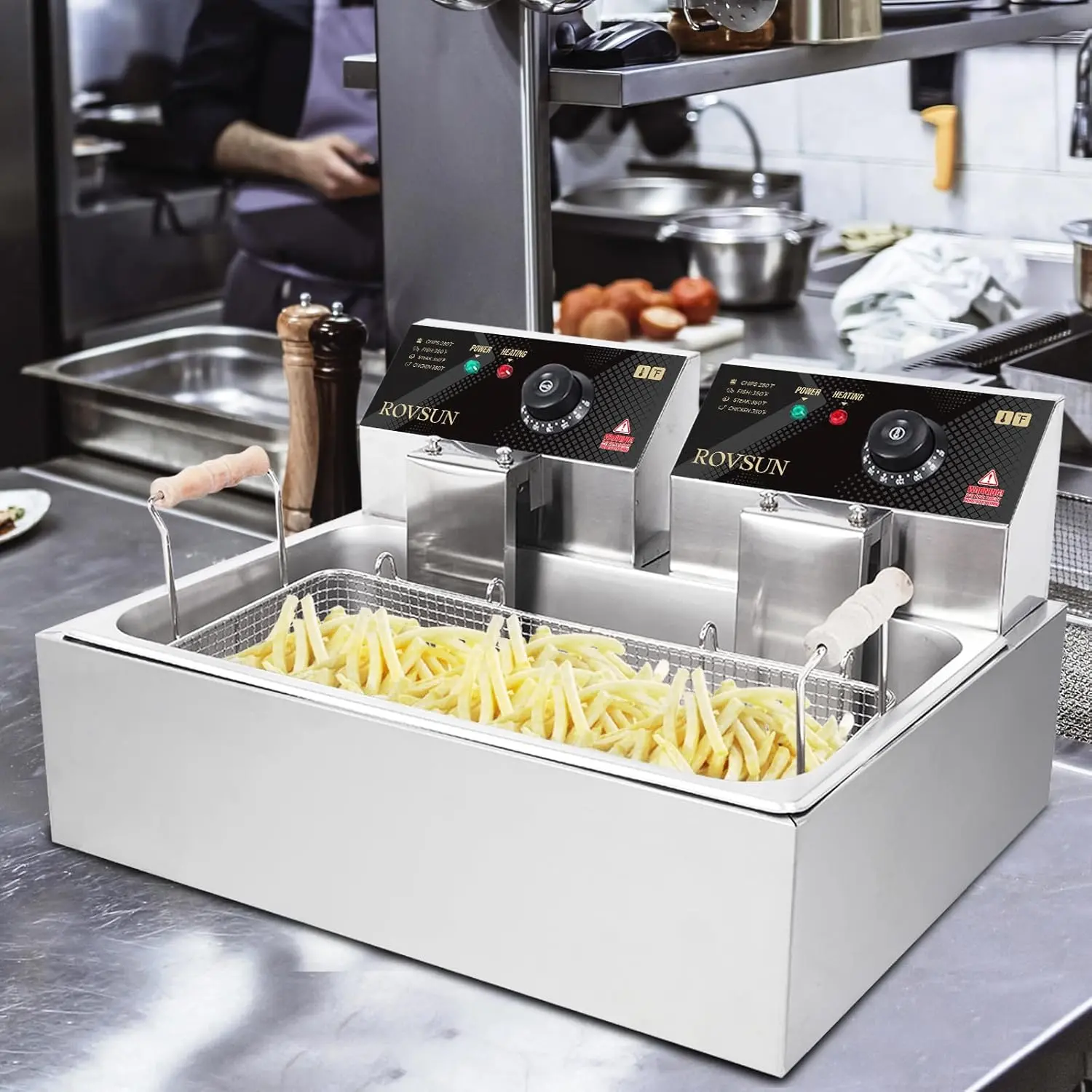 ROVSUN 23.8QT Electric Deep Fryer Turkey Fryer, 5000W Commercial Deep Fryer w/Basket & Adjustable Temperature Countertop Stainless Steel Kitchen Oil Fryer Frying Machine for Kitchen Home Restaurant