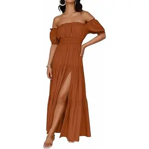 ZESICA Women's 2026 Boho Sexy Off Shoulder Short Sleeve Smocked Side Split Flowy A Line Tiered Long Maxi Dress with Pockets