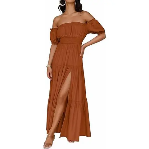 ZESICA Women's 2026 Boho Casual Off-Shoulder Square Neck Short-Sleeve Smocked Solid Maxi Dress with Pockets, Side-Split, Flowy A-Line Tiered, for Casual Wear, Long Dresses for Women, Cold Wash Compatible