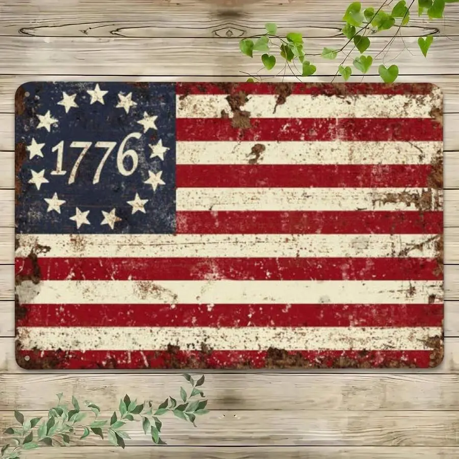 Vintage American Flag Star Field Metal Tin Sign| Distressed Patriotic Wall Art with Minimalist Star Design| Rustic Decor for Independence Day, Garage & Man Cave| Pre-Drilled Holes for Easy Hanging