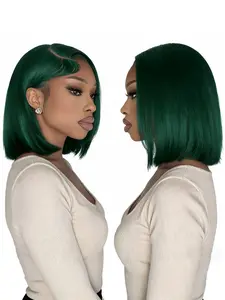 green color bob short straight human hair wig daily party cosplay use human hair wig for women gift  13x4 frontal transparent lace wig