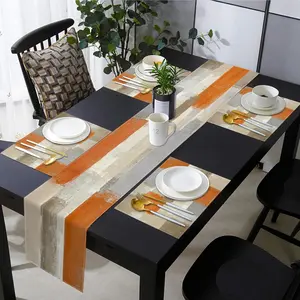 2D flat printing, 5-piece/7-piece farmhouse tablecloth and placemat set, modern orange and white painting art table decoration, suitable for daily use, outdoor family party kitchen and restaurant decoration