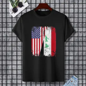 IRAQI ROOTS | Half American Flag | IRAQ FLAG Women Men Women Men T-Shirt, 100% Cotton, Single Side Printed, Black Short Sleeve T-shirt, Gift for Family Friends, S-XXXL, 1 pc, Fabric Weight 180g
