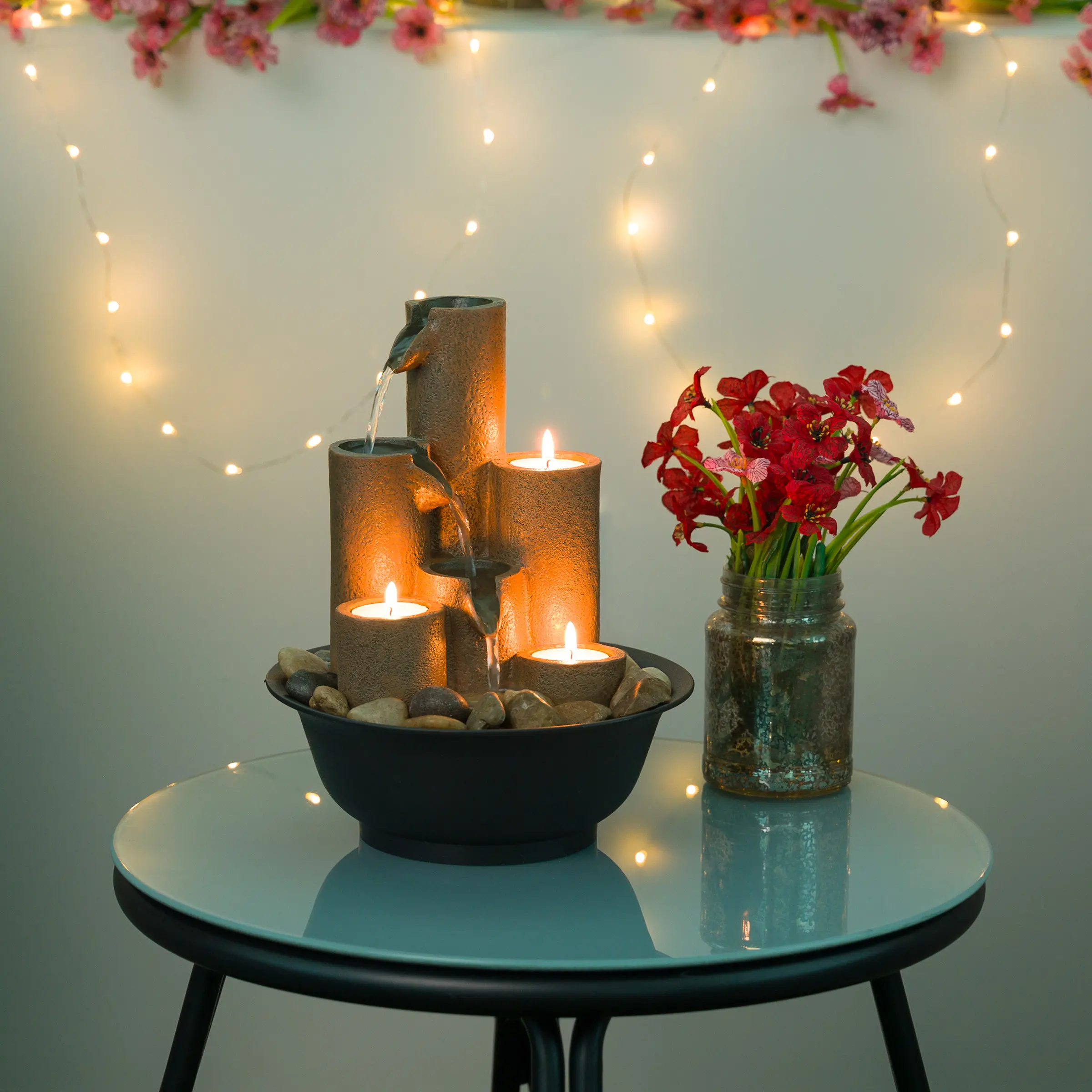 Alpine Corp Indoor 11" Tabletop Tiered Water Fountain Featuring 3 Candles for Desktop and Table WCT202 Decor Light