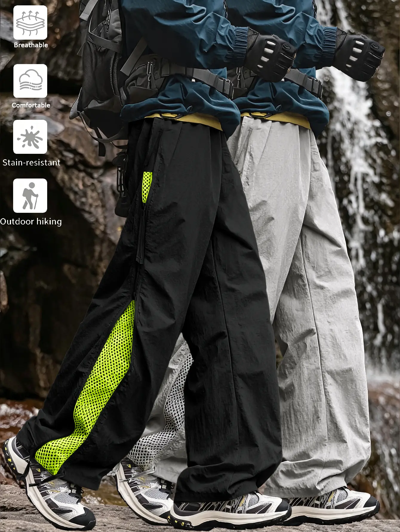 Men’s 2-Pack New Black Breathable Mesh Panel Cargo Pants, Elastic Waist, Versatile Slimming Fit, Loose Drawstring Design, Outdoor Travel Street Style Casual Hiking Pants, Breathable Wide-Leg Long Pants, Multiple Colors Available