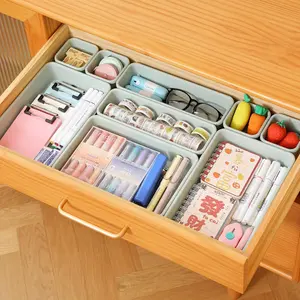 16 Pcs Plastic Drawer Organizer Set 3-Size Versatile Drawer Divider Trays Vanity Storage Bins for Makeup Jewelry Utensils Gadgets Kitchen Bedroom Bathroom Office Green&Purple