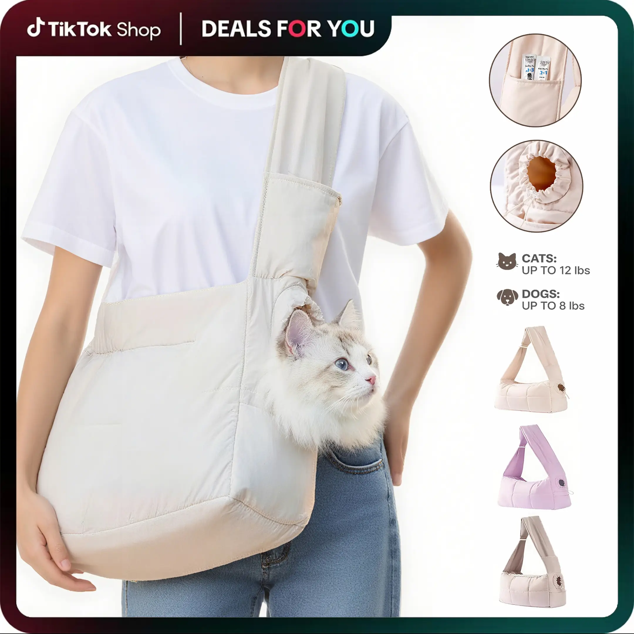 [HipiPet] Quilted Sling Carrier - Spacious Escape-Proof Pet Bag for Cats & Small Dogs, Breathable Minimalist Outing Pack