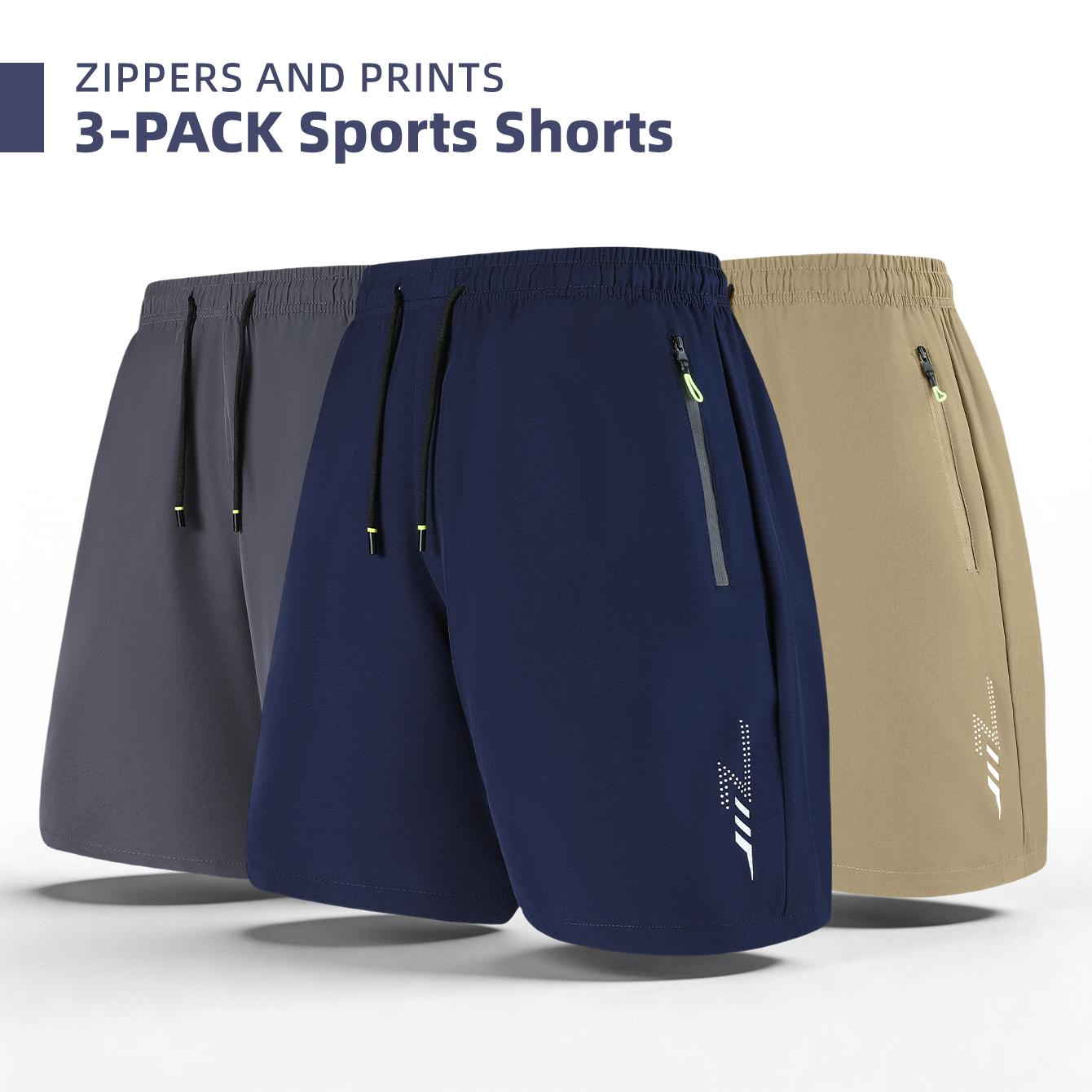 Men's 3-Pack Zipper Pocket Sports Shorts, with Reflective Prints, Drawstring Elasticated Waist, Zipper Side Pockets, Casual Shorts for Both Sports and Daily Wear