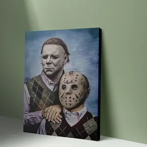 1PC Framed 2D Graphic Design Michael Myers and Jason Voorhees, perfect for home decoration, Framed Wall Art for Home Decor, Living Room, Bedroom, Office, Game Room, Man Cave