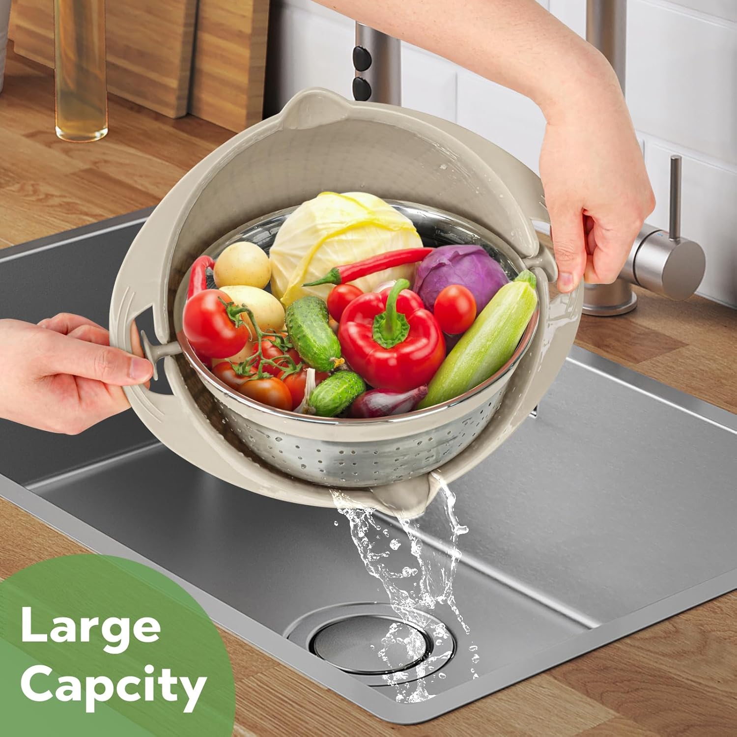4-1 Multifunctional Kitchen Colander Bowl Set - Includes Kitchen Fruit and Vegetable Cleaner, Food Strainers, and Utensils (Beige)