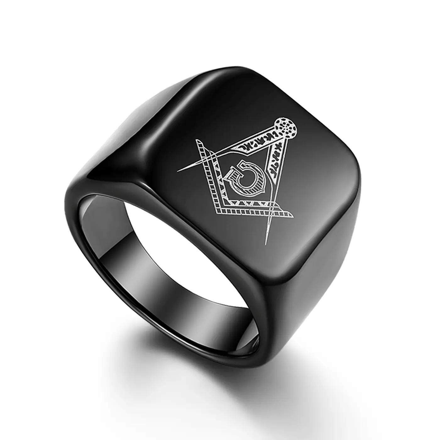 OIDEA Men's Wide Statement Ring in Polished Black Anti-Rust Steel, Masonic Collectibles for Lodge Members and Admirers of Masonic History