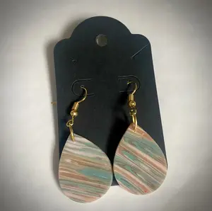 Teal, Cream and Tan Droplet Shaped Handmade Earrings