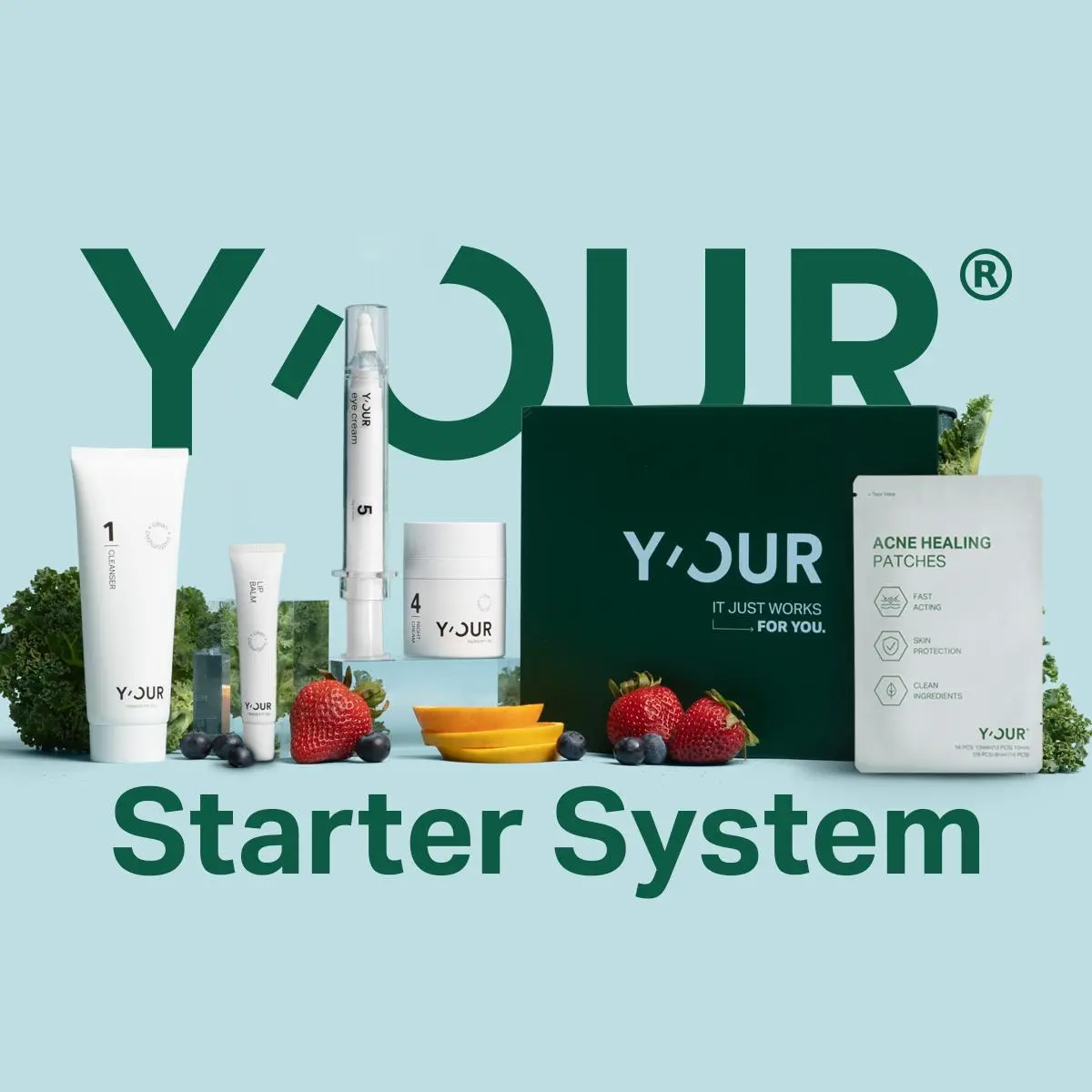 Skin AI LLC Y'OUR 5-Piece Starter Skincare System, Anti-Aging Multi-Pack with Retinol, Glycolic Acid & Hydrocolloid Pimple Patches for All Skin Types, Peppermint