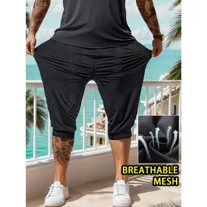 Men's Breathable Mesh Drawstring 3/4 Pants, Zip Pocket Casual Capri Pants for Summer Daily Wear & Outdoor