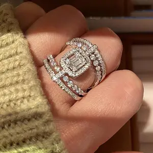 Shiny [Doublesided Wide Sparkling Zirconia Ring] Exquisite Vintage Inlaid Sparkling Square Zirconia Doublesided Line Hollow Wide Ring Suitable For Ladies' Parties Banquets Daily Casual Wear Jewelry jewelry for women high quailtySpecial offer on high-quali