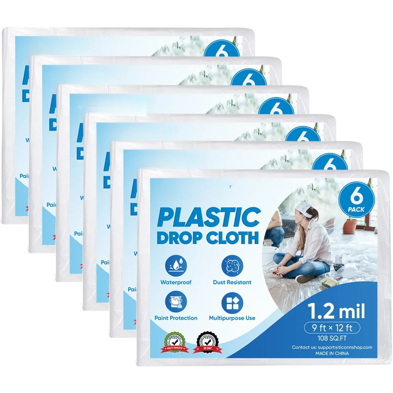 12 x 9 Ft Plastic Drop Cloth for Painting,  Painters Plastic Sheeting, Painting Tarp for Furniture Cover, Floor Protection (6PK, 1.2Mil)