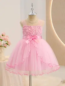 Elegant One-Piece Girls' Mesh Princess Dress with Flower Applique, Sleeveless Design, Satin Bow Waistband, Ruffle Hem, Perfect for Weddings, Birthday Dress