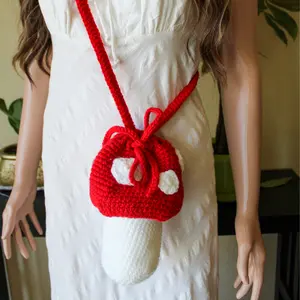 Wyvern's Wares Cottagecore Handmade Crochet Mushroom Drawstring Bag womens crossbody