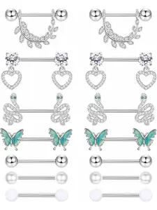 7 Pairs Nipple Piercing Jewelry Stainless Surgical Steel Nipple Rings Set Sparkling Rhinestones Cute CZ Ball Heart Butterfly Snake Tongue Belly Barbell Body Jewelry for Women 14G