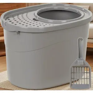 Large Top Entry Cat Litter Box with High Sides, Includes Scoop for Easy Cleaning, 20.5 x 14.75 x 14.38 Inches, Durable and Spacious, Grey Design for Odor Control cat litter shovel
