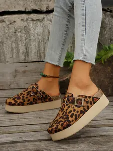 Women's Leopard Print Half Slipper Sandals, Metal Buckle Thick Sole Mules, Retro Fashion Casual Shoes for Home & Outdoors