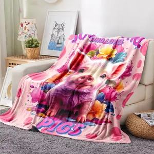 1Pc Reversible Flannel Pig Blanket, Soft & Cozy All-Season Multipurpose Throw, Digital Printed Cute Pig Design, Machine Washable, Ideal For Sofa, Bed, Picnic, Travel, Pig Lovers Gift, 100% Polyester, 250-300Gsm