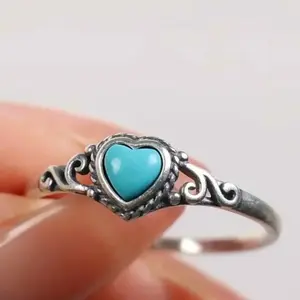 Vintage Western Turquoise Heart Ring - Antique Silver Boho Dainty Ring For Women, Coastal Cowgirl Aesthetic Stacking