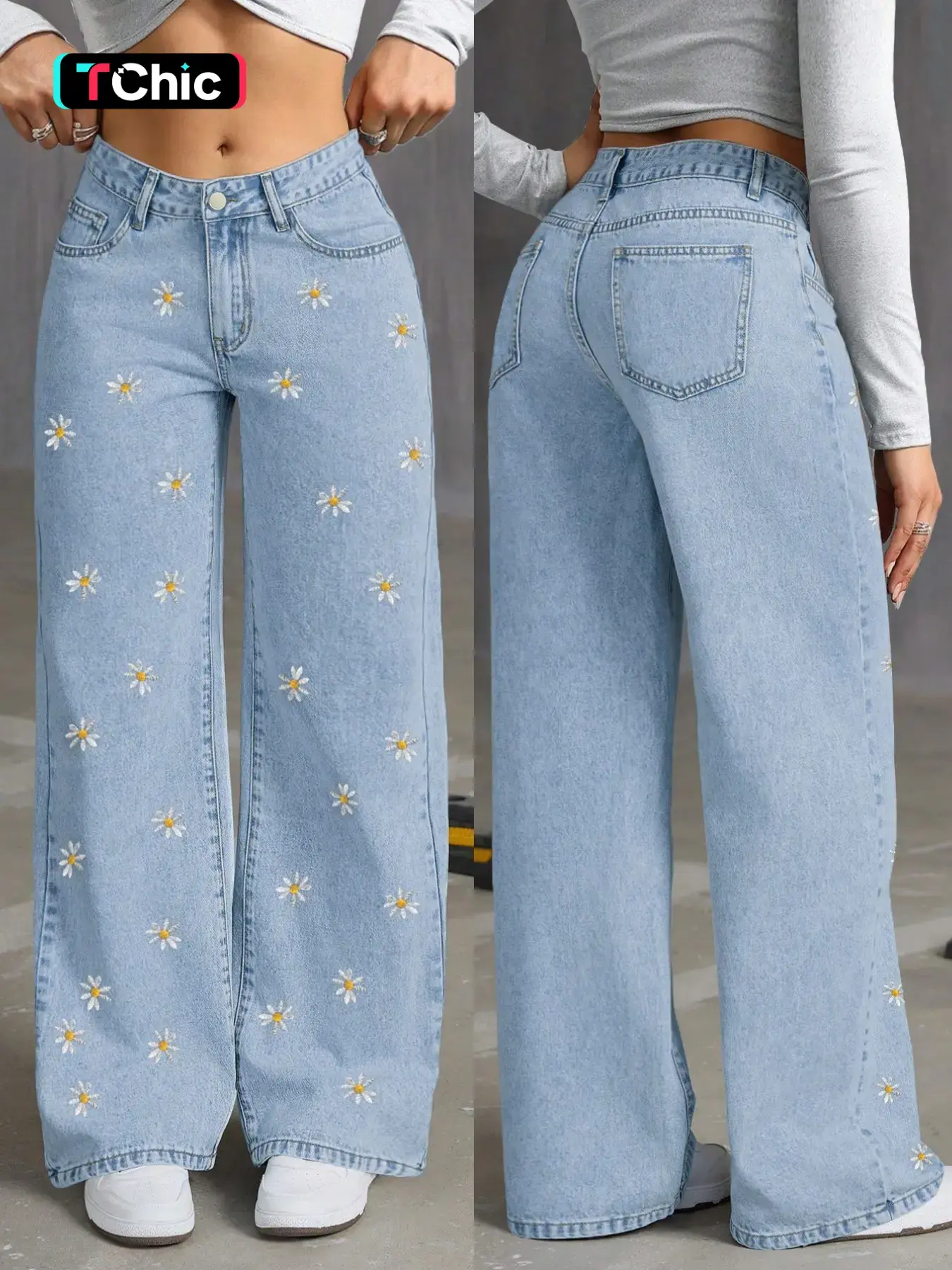 Light Blue Embroidered High-Waisted Straight Leg Denim Woven Jeans for Women, Pocket, Embroidery, 2026 New Season, Loose Fit, Casual Everyday Fashion Style, Long Pants, Bottom