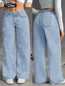 Light Blue Embroidered High-Waisted Straight Leg Jeans for Women, 2026 New Season, Loose Fit, Casual Style, Long Pants