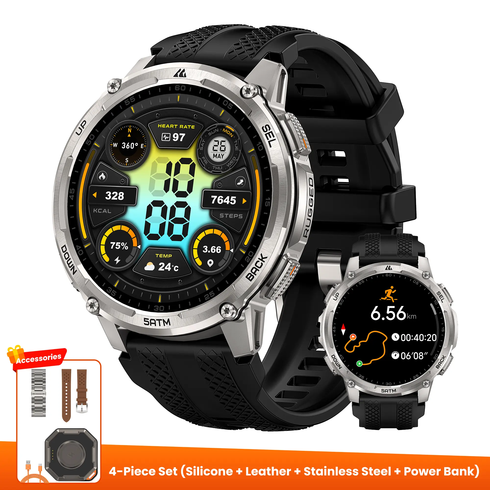 Silver+Stainless Steel +Leather Strap+ Power Bank