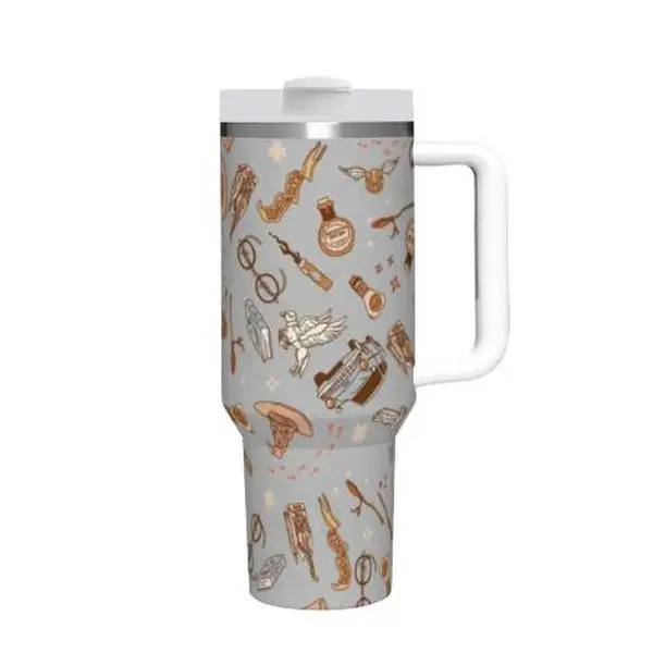 Back to School Warner Bros. Harry Potter Vintage Chapter Hogwarts Flip Straw Tumbler 40oz Stainless Steel Vacuum Mug, Leakproof Travel Cup, Antique Book Page Castle Print, Wizard Fan Gift