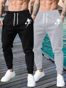 Men's two-piece set with sports element pattern print sports casual ribbed long pants, regular fit, casual sports style, solid color basic casual pants, featuring an elastic waistband, drawstring, and pockets, perfect for outdoor activities, commuting, st