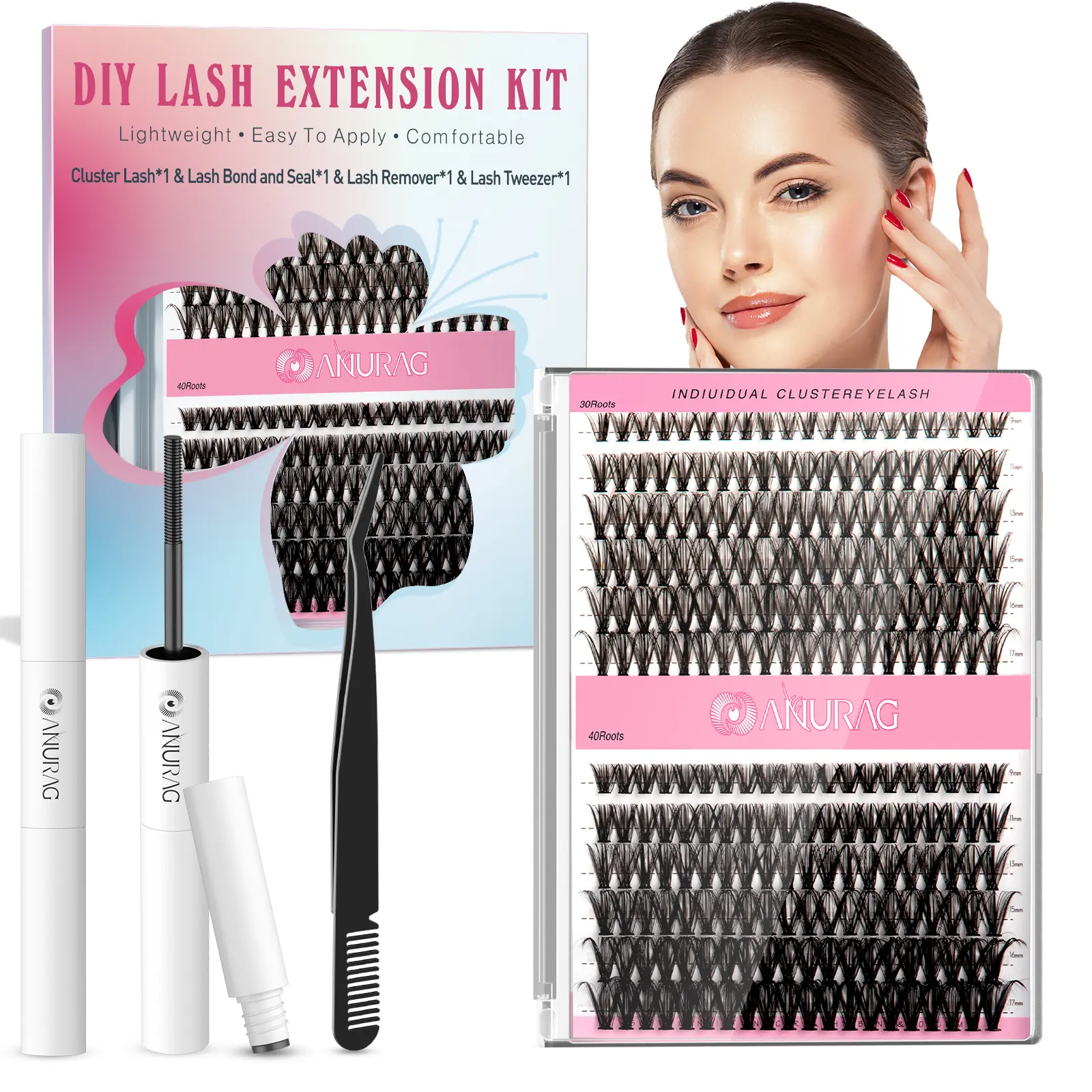 ANURAG DIY Eyelash Cluster Kit, Eyelash Bonding and Sealing, Remover, Springtok Eyelash Tweezers for DIY Eyelash Extensions at Home, For Girls Makeup Makeup Cosmetic Eyelash Extensions lashes individualChristmas gifts，#SummerWins #DealsForYouDays