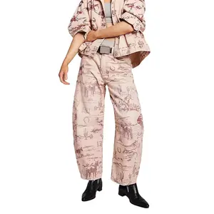 Women Boyfriend Baggy Barrel Jeans Floral Print Denim Ankle Pants Wide Leg Mid Rise Jeans Sweatpants Y2k Patchwork, popular leopard print jeans, floral print denim cropped pants