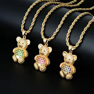 Hip-Hop Rapper Bear Pendant Necklace, Copper Inlaid Zircon Jewelry, Trendy Streetwear Statement Necklace for Men & Women