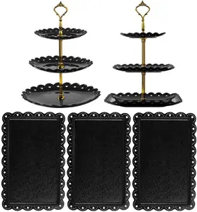 5 Pcs Cupcake Stand Set - Black Dessert Table Display Set, 2X Black 3 Tier Cupcake Display Stands Cookie Tray Rack Serving & 3X 14 in Trays for Wedding Baby Shower Tea