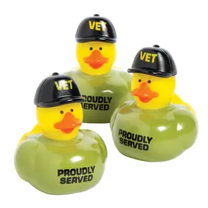 2" Veteran Rubber Ducks in Green T-Shirts and Black Cap - 12 Pc.