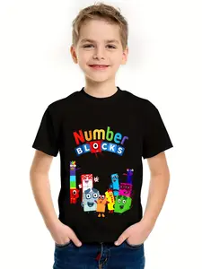 Kids' 100% Cotton Number Blocks Graphic T-Shirt, Casual Crew Neck Short Sleeve Top, Educational Playwear for All Seasons