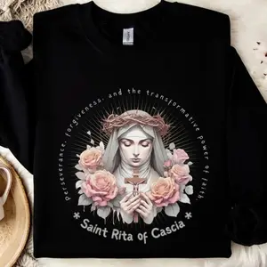 [Made in USA] Saint Rita Of Cascia Sweatshirt, Catholic Christian Floral Graphic Crewneck Pullover, Saint Rita Vintage Faith Religious Oversized Sweatshirt, Church Outfit, Catholic Gift For Women Men.