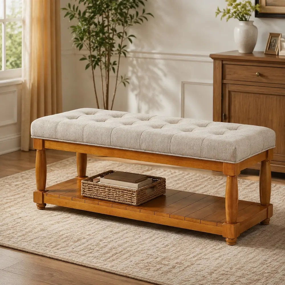 Littleox Upholstered Linen Bench with Storage Shelf - Tufted Ottoman Bench for Bedroom Entryway Living Room, Solid Wood Spindle Legs Accent Furniture,Linen
